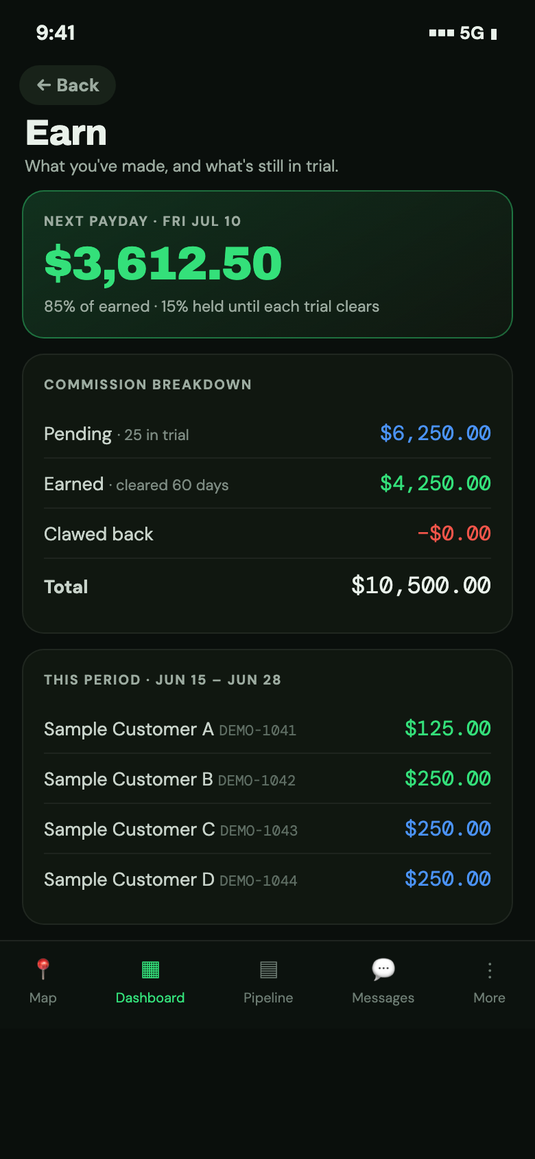 Ryze earnings screen — pending vs earned commission and the next payday