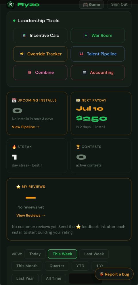 Ryze rep home screen — daily goals, streaks and XP