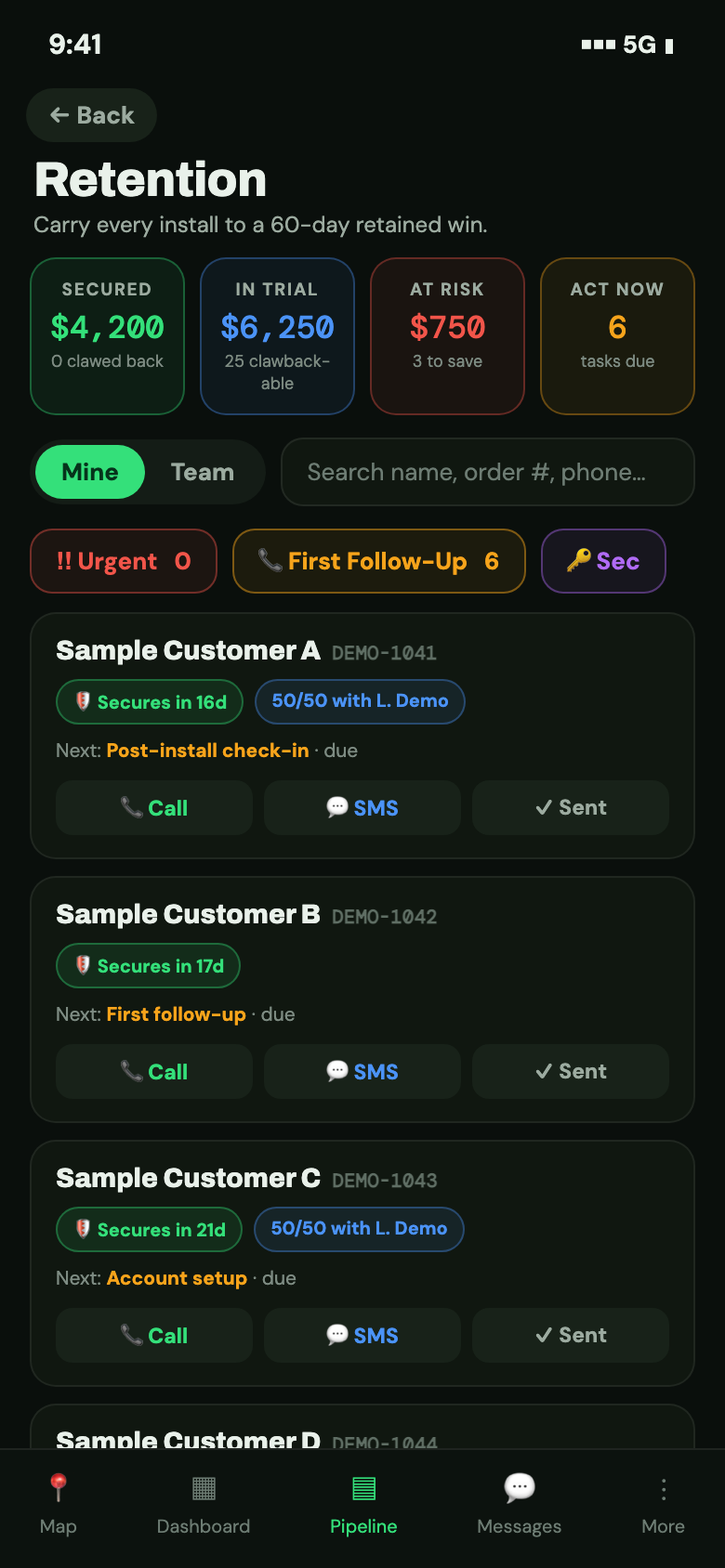Ryze retention board — installs moving through a 60-day trial with follow-up tasks